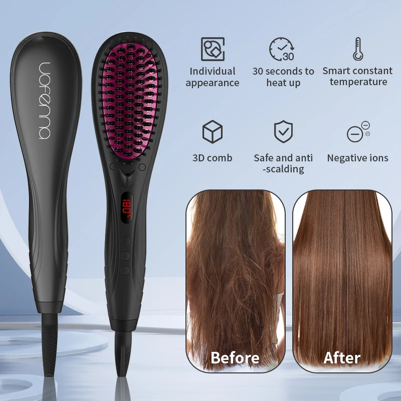 Hair Straightener Brush Lcd Display And Ceramic Fast Heating For Thick Hair Electric