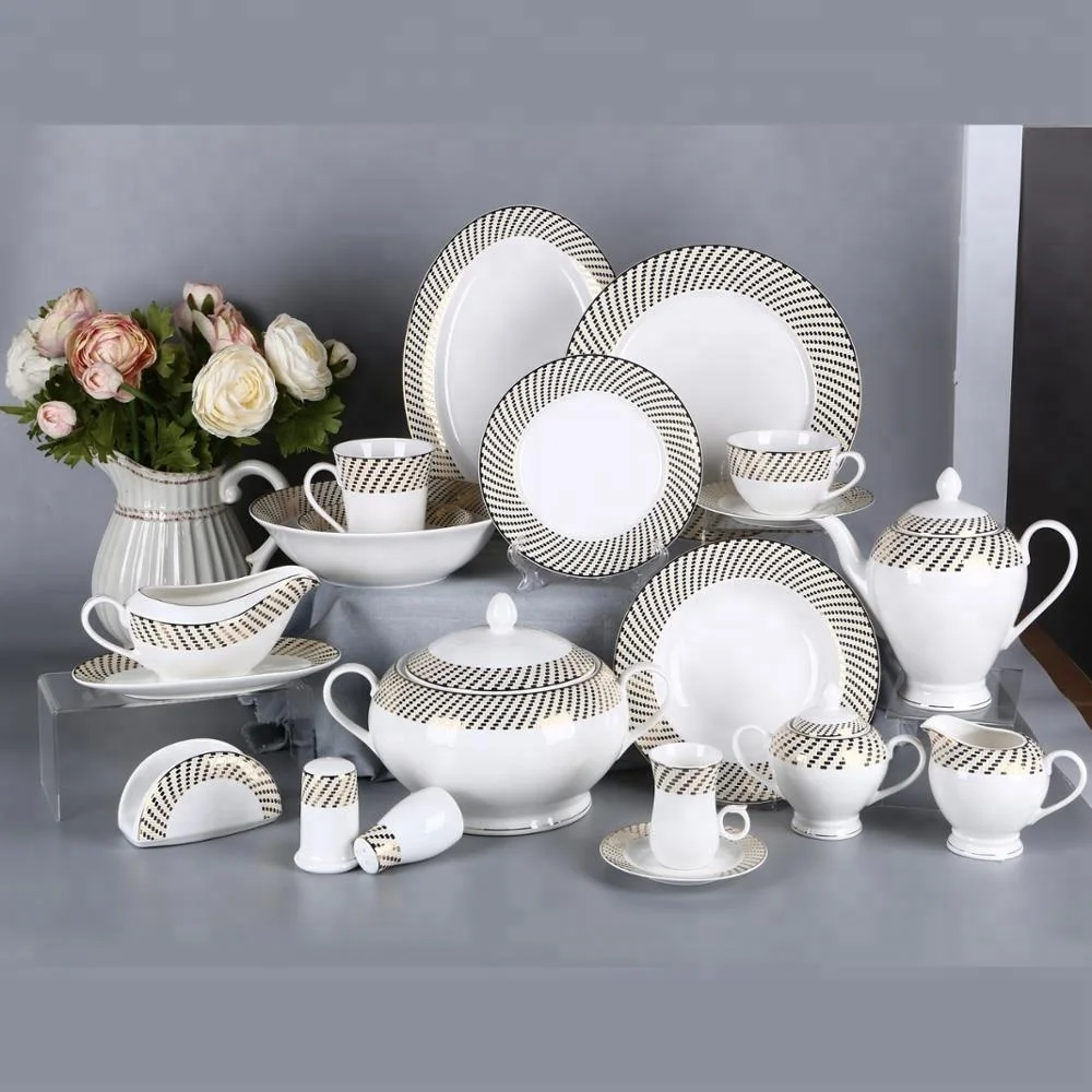 Wholesale cheap housewares 72pcs gold new bone china dinner set ceramic