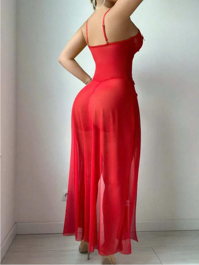 European American Sexy Red Floral Strap Mesh Long Dress Gown See-Through Lingerie Polyester Dobby