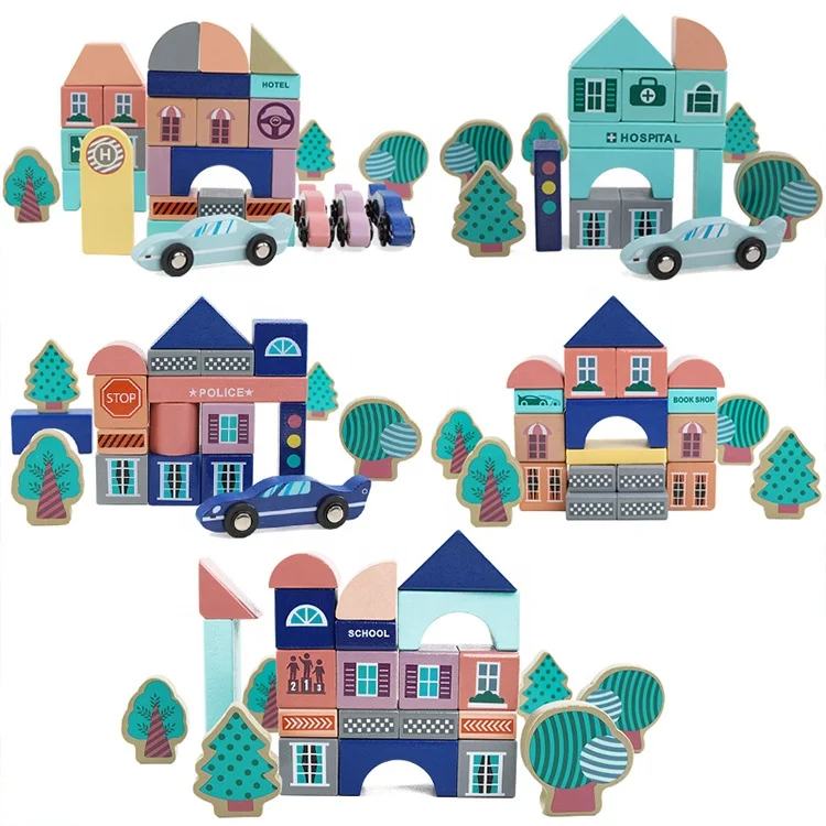 Wooden City Transportation Building Blocks Creative Educational Colored