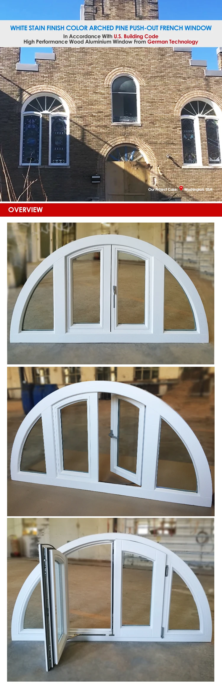 Top grade American Arch Round style Grills Design Solid wood bright white color casement windows