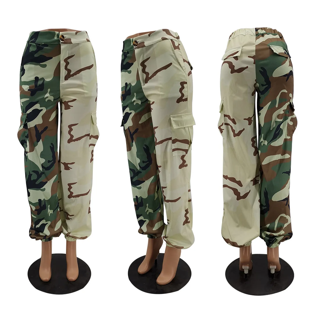 Hot Style Wide Leg  High Waist Woman Big Pocket Casual Military Trousers  Cargo Camouflage Pants