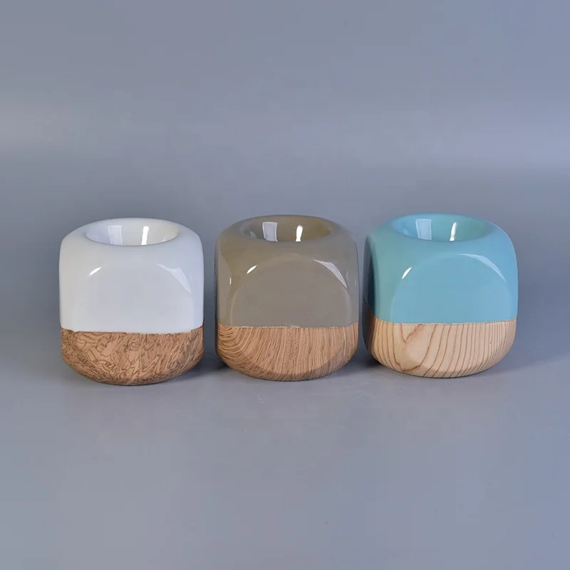 Irregular shape glaze custom ceramic candle jar votive candle holders with wooden bottom home decorative