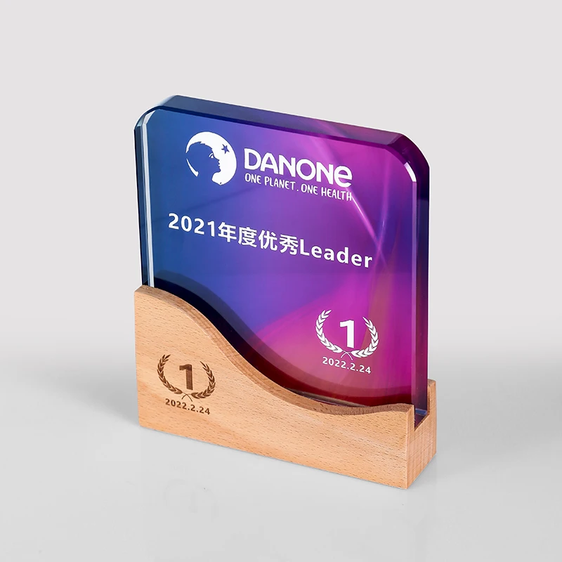 Custom Award Wooden Base & Crystal Glass Plaque UV Printed Insurance End Users Various Trophies Achievements Tradeshow Giveaways details