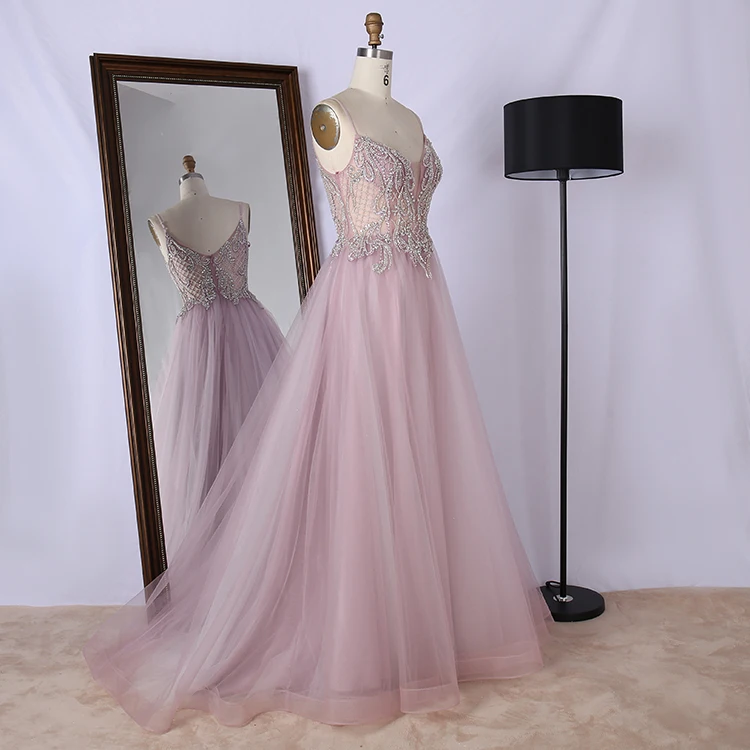 Fancy tulle beading spaghetti strap sweep train pink elegant long special occasion prom dresses .JPG