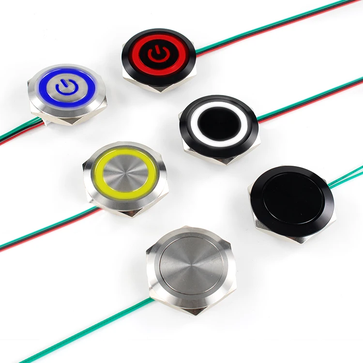 Assortment of 12mm and 16mm panel mount momentary push button switches with different actuators