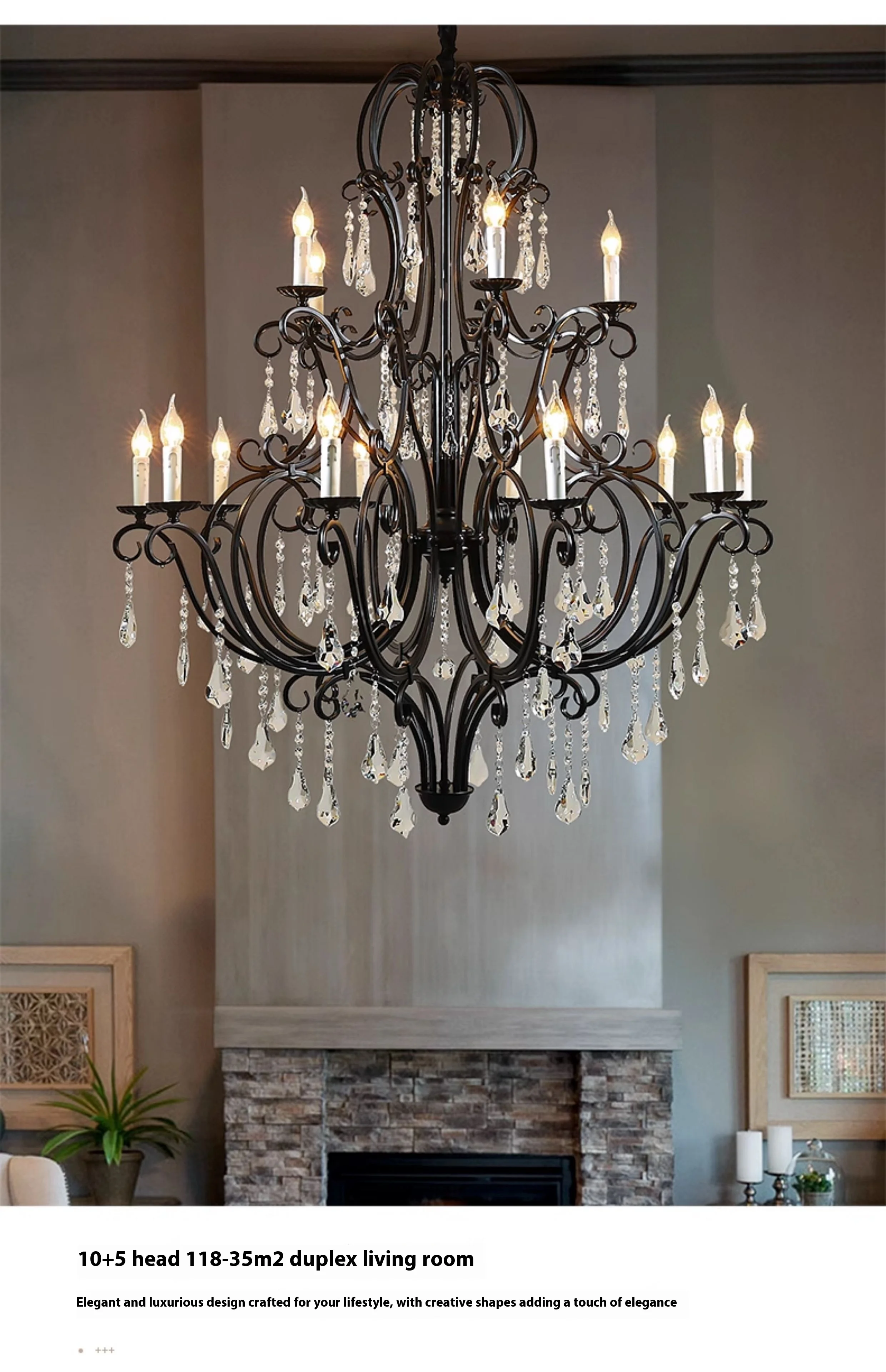 product large vintage retro brass black metal crystal chandelier customized home decor pendant light-9