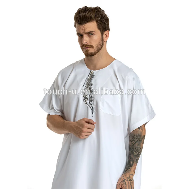 Men  Kaftan Jilbab Arbric Jubba Muslin Short Sleeves Clothes Abaya Thobe
