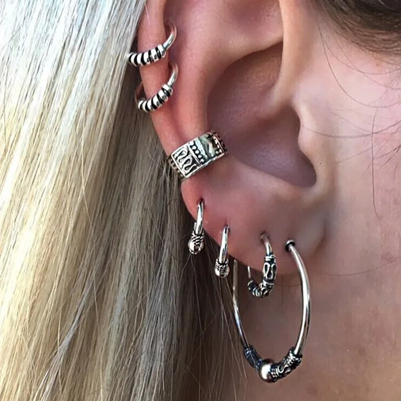 7Pcs/Set Bohemian Large Circle Earrings Ear Clip Crystal Heart Star Stud Jewelry