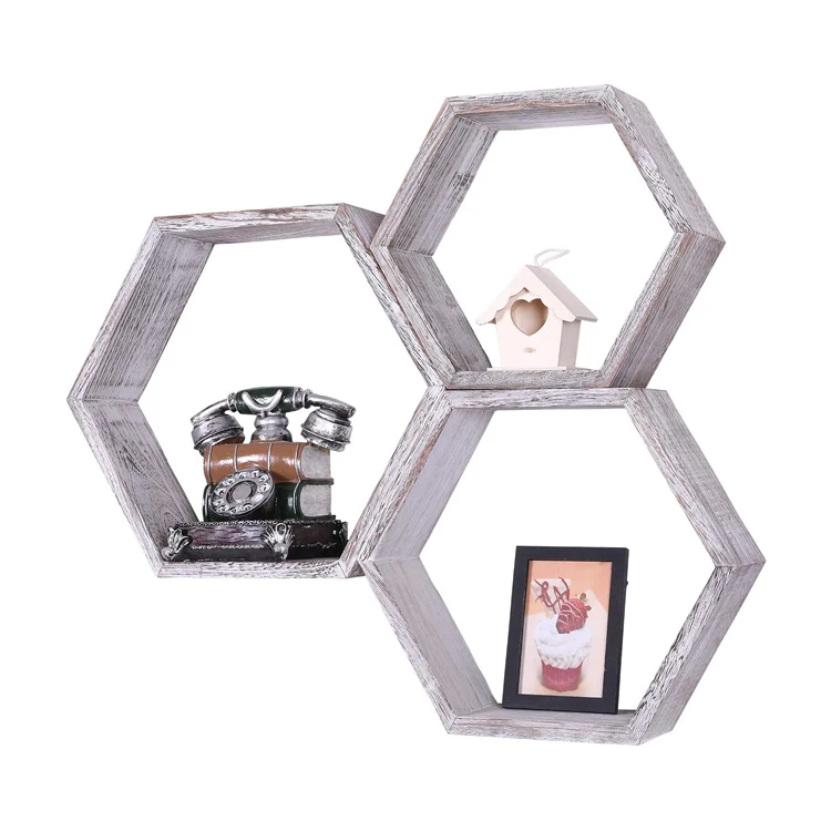 Set of 3 Rustic Wall Mounted Hexagonal Farmhouse Floating Shelves for Bedroom, Living Room