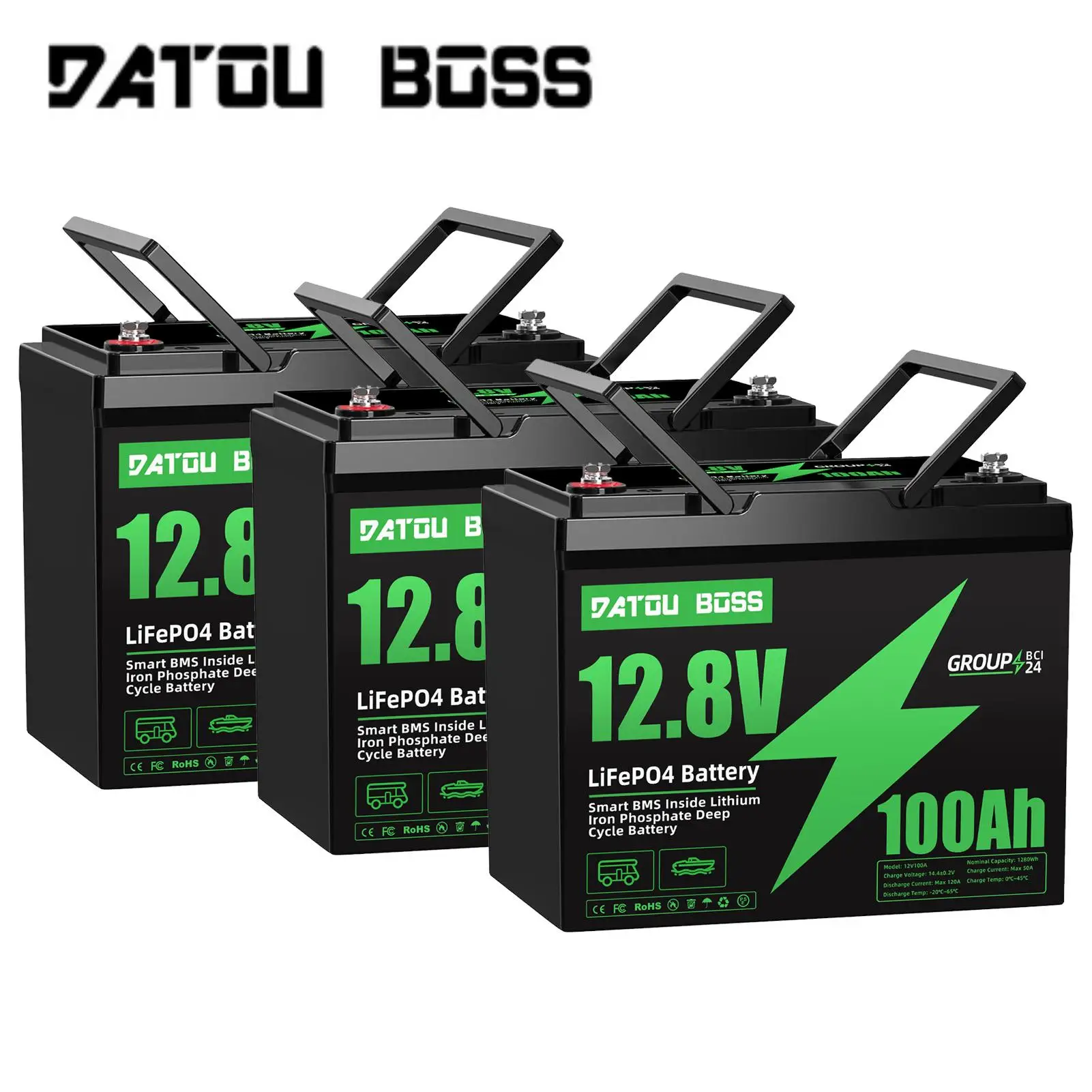 12V 100Ah LiFePO4 battery showing slimline form factor and terminal layout