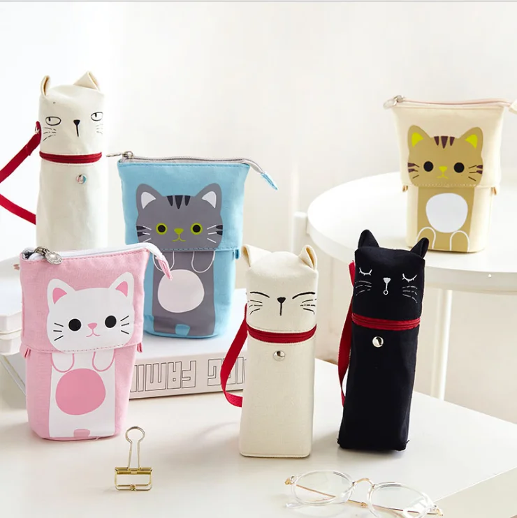 Details about / 2 Pieces Transformer Stand Store Pencil Holder Canvas PU Cartoon Cute Cat Tel...