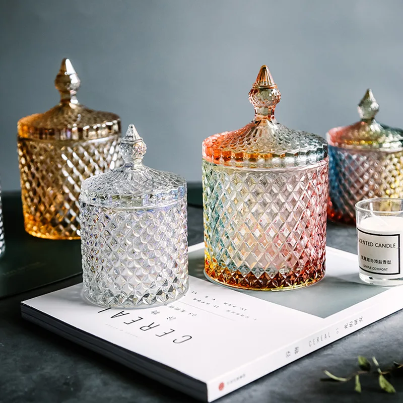 Elegant Crystal Glass Diamond Candle Jar With Glass Lid Blue Colored
