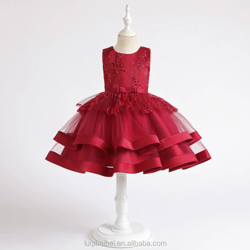 2039 Handiwork Beaded Pretty Girl Skirt Birthday Party Dress Skirt Lace Satin Performing Dress