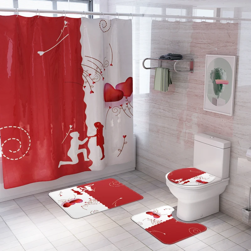 Valentine's day New Shower Curtain Lid Toilet Cover Bath Mat Rug with Hooks Bathroom Accessory Sets