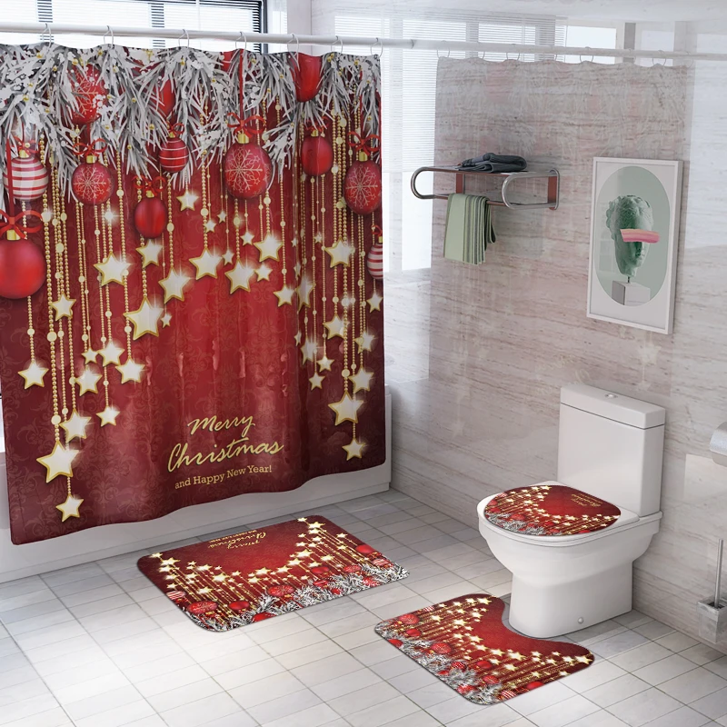Santa Claus Shower Curtain Lid Toilet Cover Bath Mat Rug with Hooks Bathroom Accessory Sets