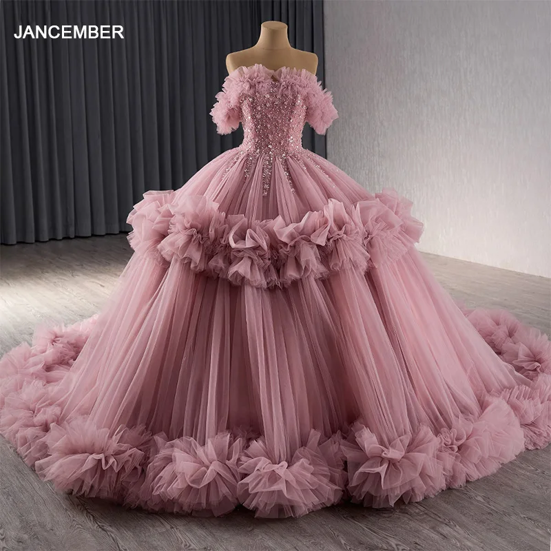 pink dress fluffy Short Pink Tulle Puffy Sleeve Party Dress Lisposa
