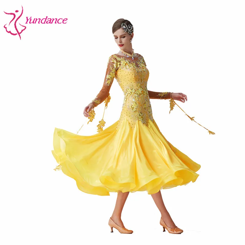 B-19543 Custom High Quality Ballroom Party Dress High-end Yellow Long Waltz Dance Dress Smooth Modern Dress For Competition