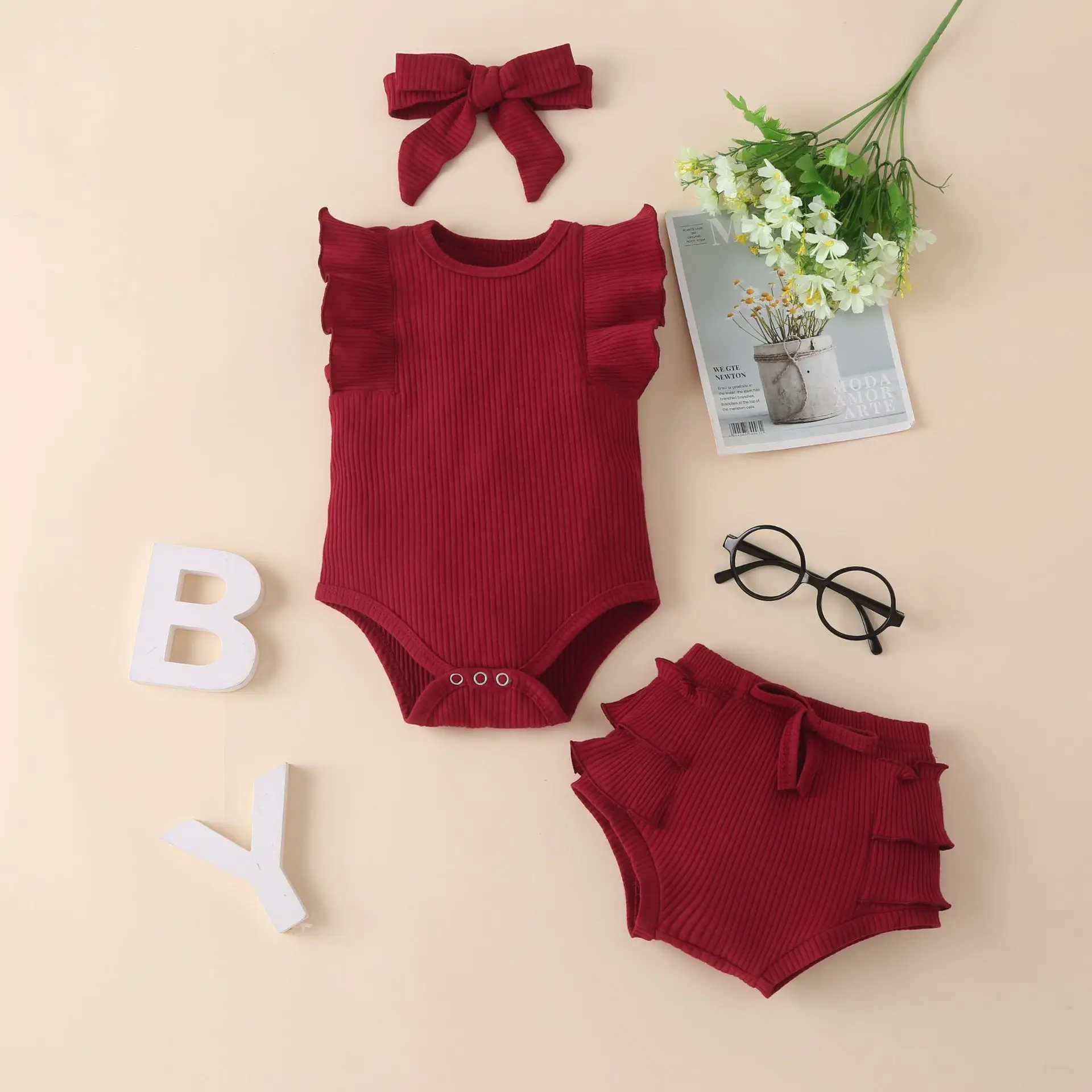 Summer Newborn Baby Girl Ribbed Clothes Sleeveless Solid Flutter Ruffle