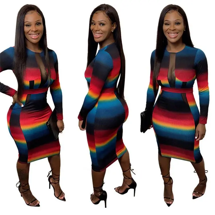10609SS Cheap Apparel Colorful Stripe Peint Slim Sexy Bodycon Women Casual Dress Boutique Clothing
