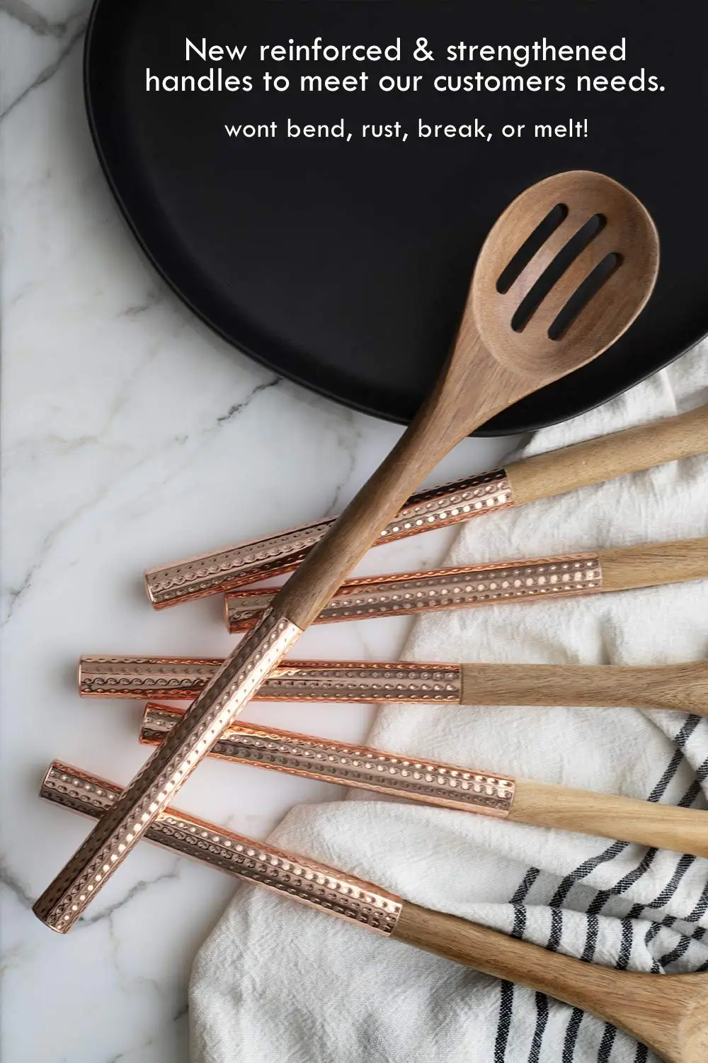 6 Piece Wooden Kitchen Utensils Set With Gold Plated Stainless Steel