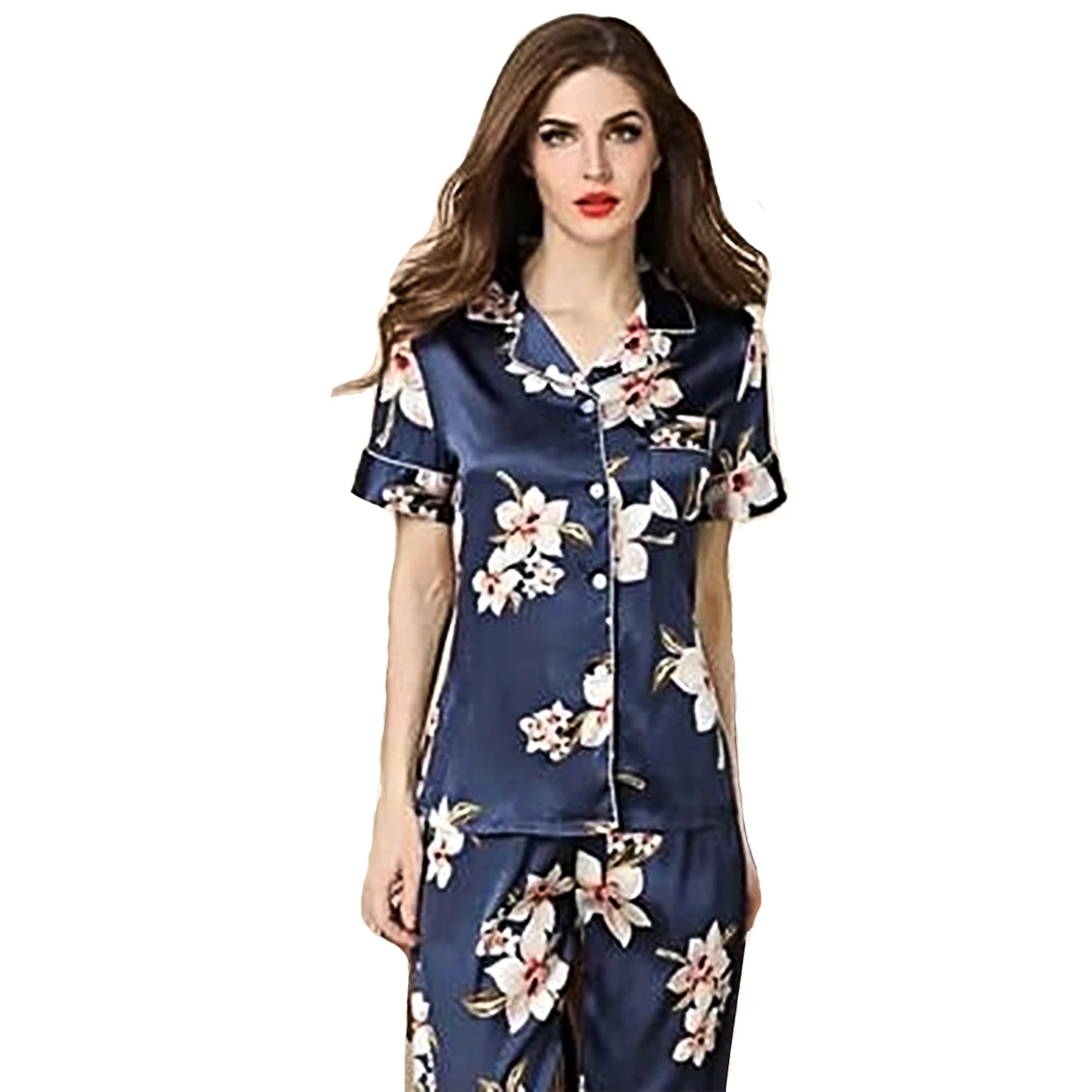 
Wholesale Set Cardigan nightwear Silk Printing Short sleeve Satin women Sleepwear pajamas set 