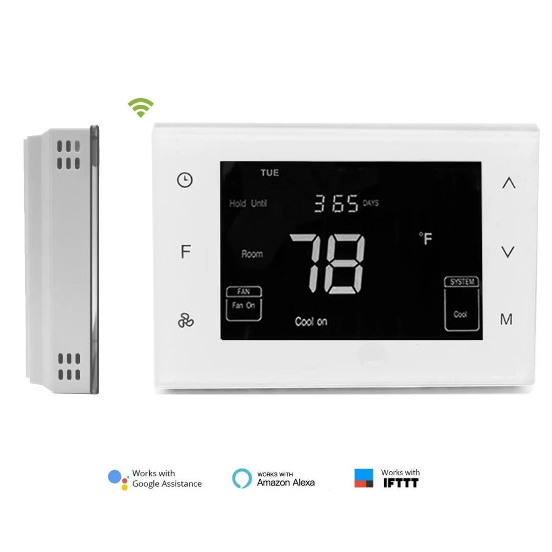 Lux GEO-WH battery-powered Wi-Fi thermostat showing mobile app interface and battery indicator
