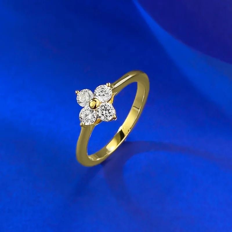 Small Fresh Style S925 Silver Ring Live New Four-leaf Clover with Geometric Lab Diamond Lucky Grass French for Party Gift