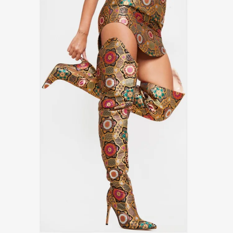 embroidered thigh high boots