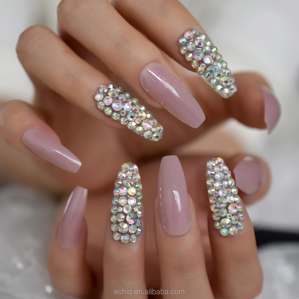 Long Designed Nails Salon Nude Pink Products 3d Rhinestone Coffin Nail Art  Tips Luxury Sparkling Full Nail Set L5620 - Buy Tips Nail,Nail Art Tips  False Nails Sets Nail Art Tips Nail