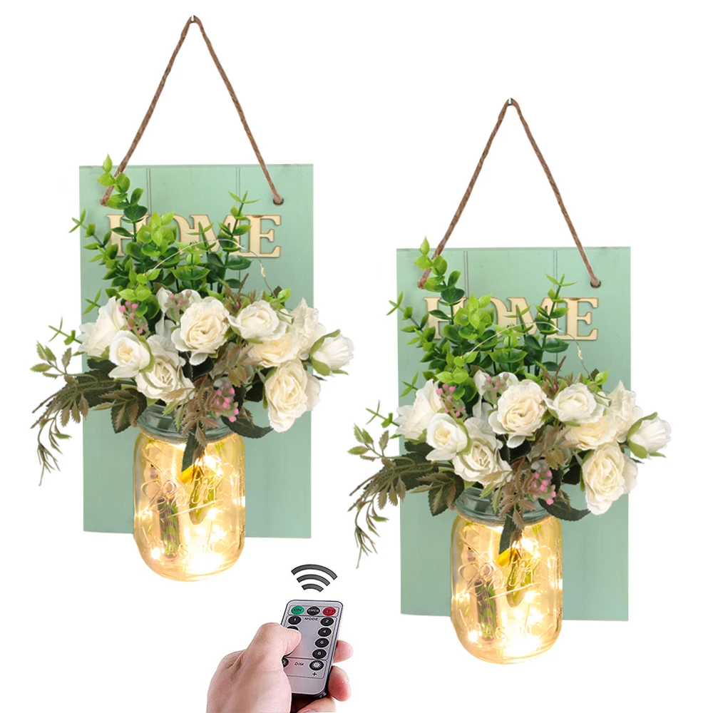 2020 Amazon Hot Sale 2 Pack Mason Jar Sconces Rustic Wall LED Fairy with Flowers Mason Jar Home Wall Decor with Remote Control