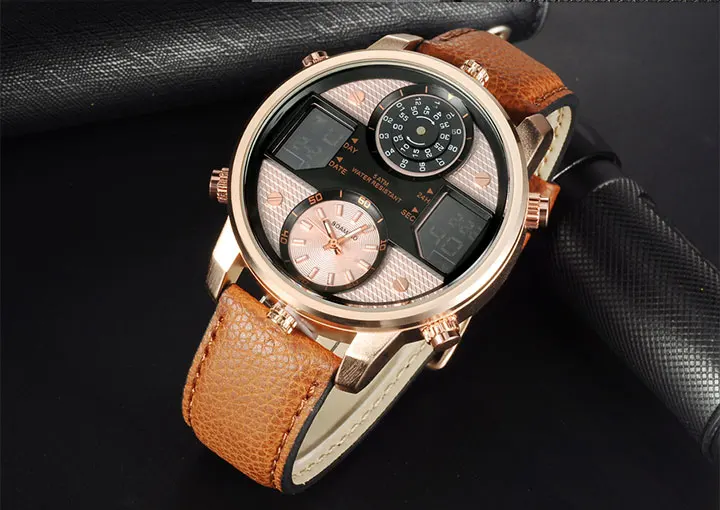 男士石英手表3时区手表BOAMIGO LED数字运动手表男皮革手表男士时钟F545