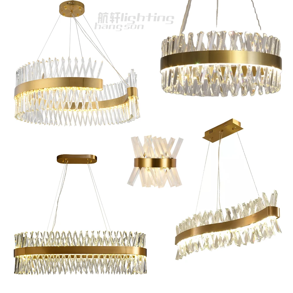 home decorative lamps pendant lighting fixture round rectangle modern luxury k9 crystal gold linear led chandeliers