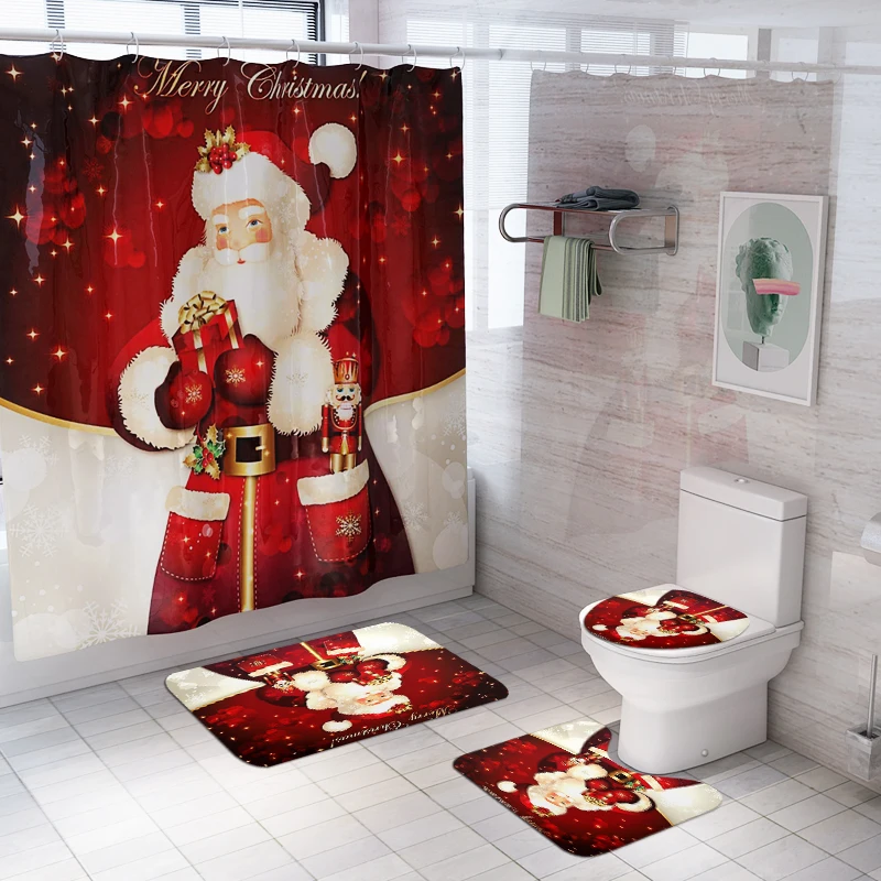 Santa Claus Shower Curtain Lid Toilet Cover Bath Mat Rug with Hooks Bathroom Accessory Sets