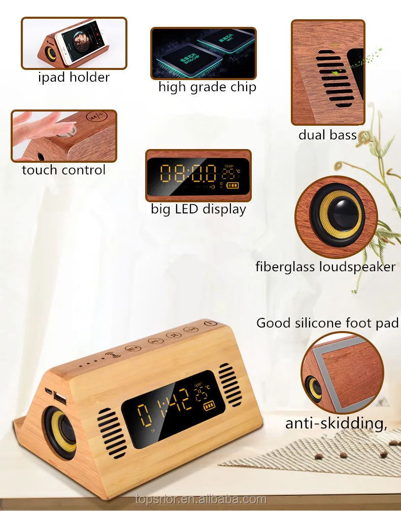 2019 new design power bank version wooden bluetooths speaker with alarm clock, wireless charger and LED TEMP display function - ANKUX.COM