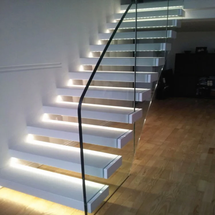 LED Light Floating Wooden Staircase Frameless Railing Wood Straight Stairs