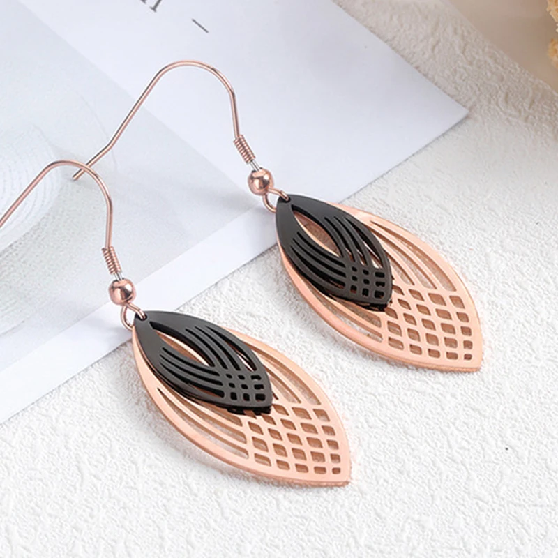 Geometric stainless steel rose gold earrings Leaf double hollow black earrings earrings female