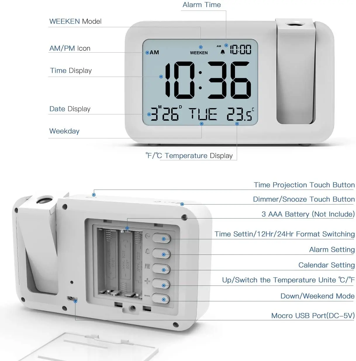 Sveglia Con Proiezione A 180° - Radiosveglia Digitale LED, Temperatura, Umidità, USB, Snooze, Per Camera Da Letto - Foto 10