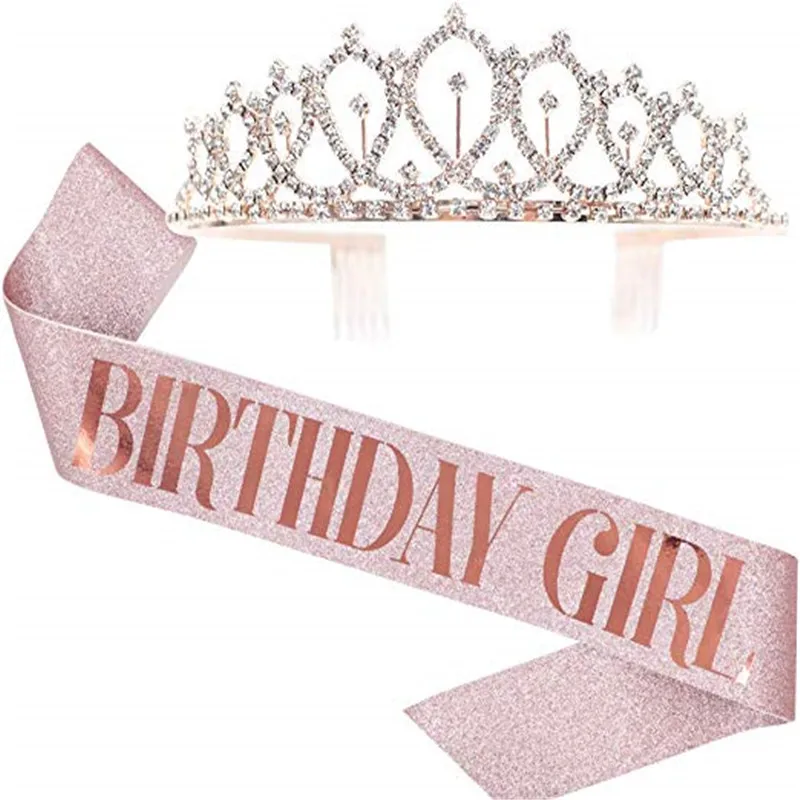 Rose Gold Birthday Queen Girl Sash Tiara Birthday Crown And Sash Birthday Party Decoration 