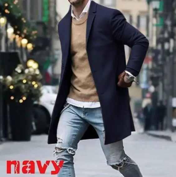 New fashion men autumn winter turn-down collar solid color simple plus size casual coat medium length woolen overcoat_voghion.com