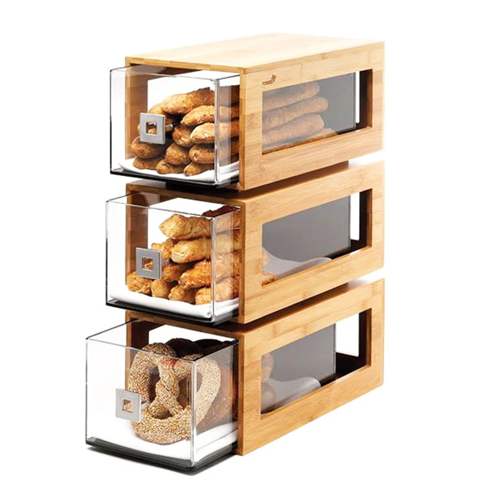 Acrylic Bread Cake Display Box Case With Bamboo Clear Stackable Display