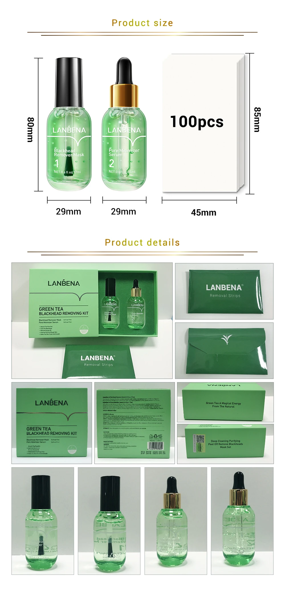 LANBENA Green Tea Blackhead Remover Kit Blackhead Mask Nose Strips Pore Minimizer Serum Free Shipping