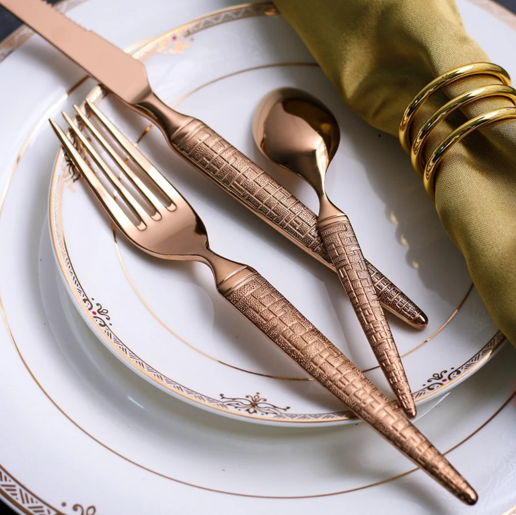 הגעה חדשה חתונה רויאל כלי אוכל מלכותי מפלדת אל חלד ורד סכום זהב 12