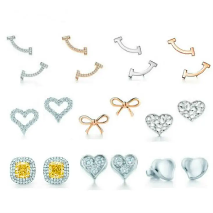 

2021 100% 925 Silver Heart Shape Stud Tiff Earrings Smile Stud Zircon Rose Gold 18K Gold Jewelry Match Gift