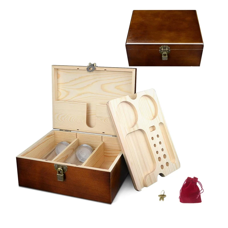 Wooden Stash Organizer Box With Rolling Tray Acacia Container Smoking Accessories Storage Set 0566