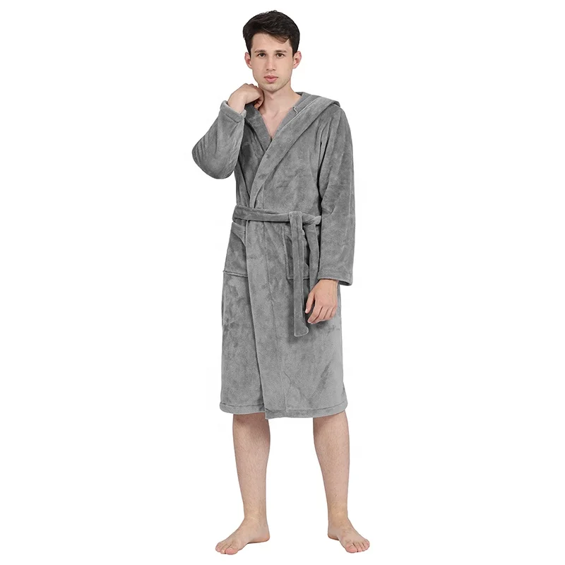 
high quality mens hooded long bath robe warm plush lightweight robe hotel spa robe for men 