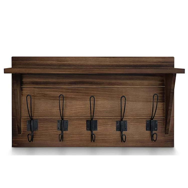 Rustic Wall Mounted Coat Rack Shelf Brown Wooden Country Style 24