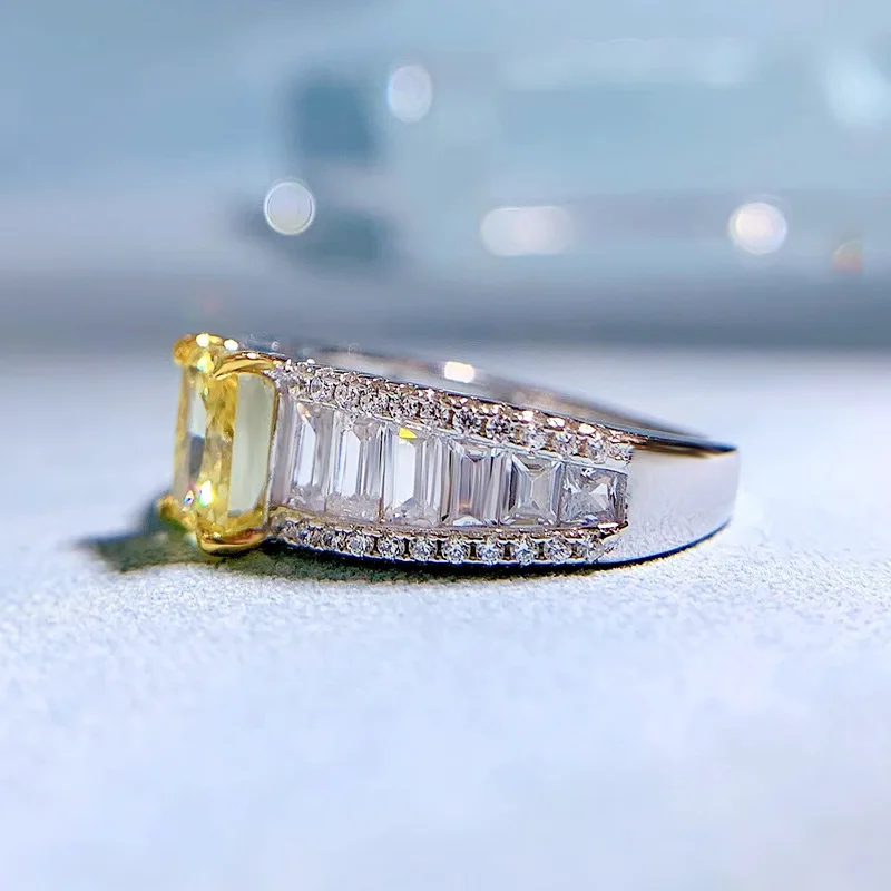 2025 Collection High Carbon 925 Silver Yellow Diamond Ring Radiant Cut 5*7mm Lab Diamond Style Best Seller Rhodium Plated