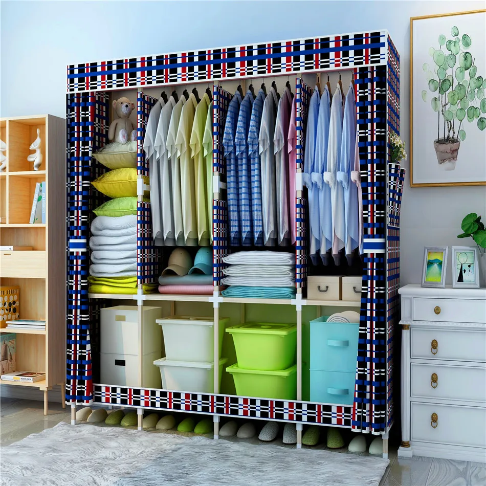 批发diy 牛津布实木便携式衣柜 gridding 图案