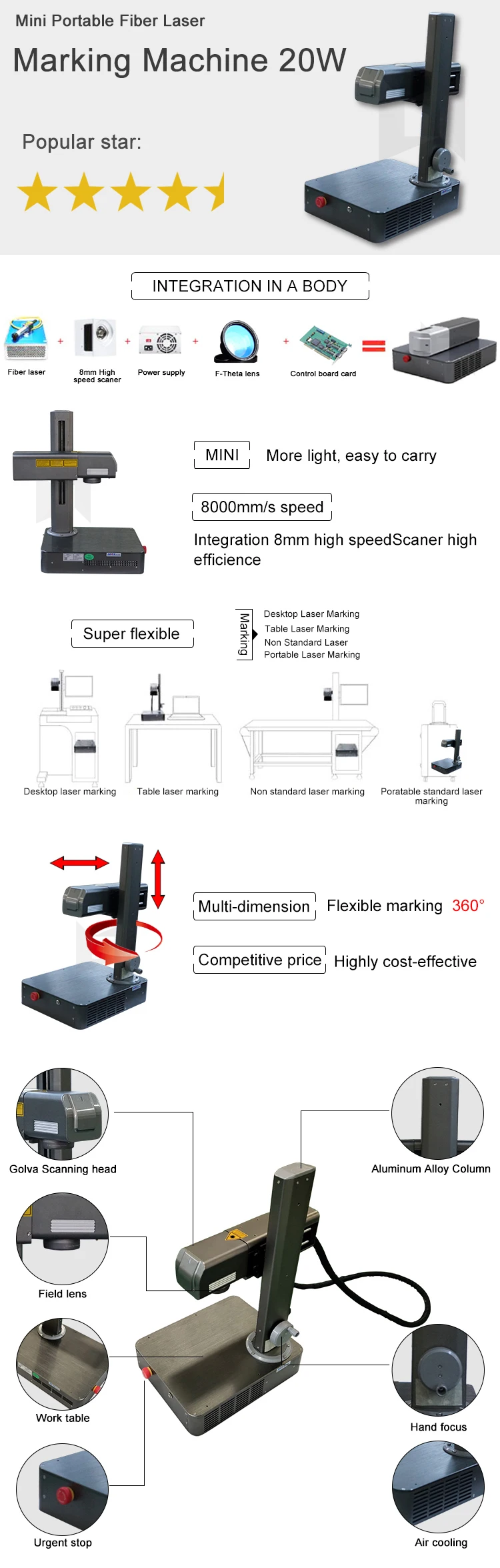 Support rotary axis Mini fiber laser marking machine 20w 30w 50w for Carbon Aluminium Steel Iron